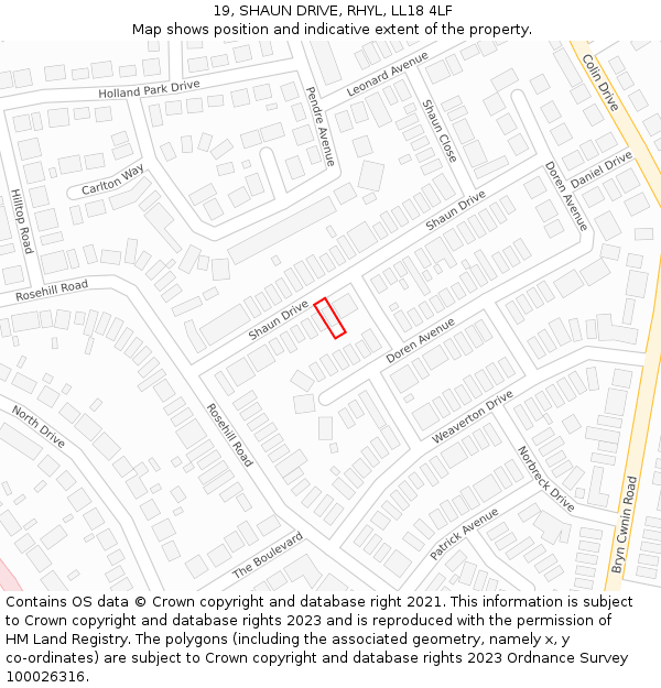 19, SHAUN DRIVE, RHYL, LL18 4LF: Location map and indicative extent of plot