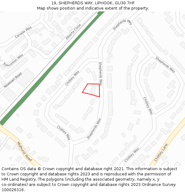 19, SHEPHERDS WAY, LIPHOOK, GU30 7HF: Location map and indicative extent of plot