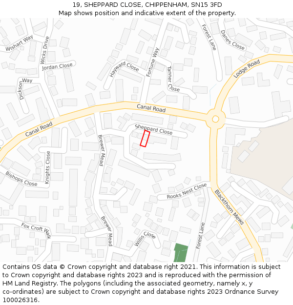 19, SHEPPARD CLOSE, CHIPPENHAM, SN15 3FD: Location map and indicative extent of plot