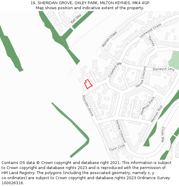 19, SHERIDAN GROVE, OXLEY PARK, MILTON KEYNES, MK4 4GP: Location map and indicative extent of plot