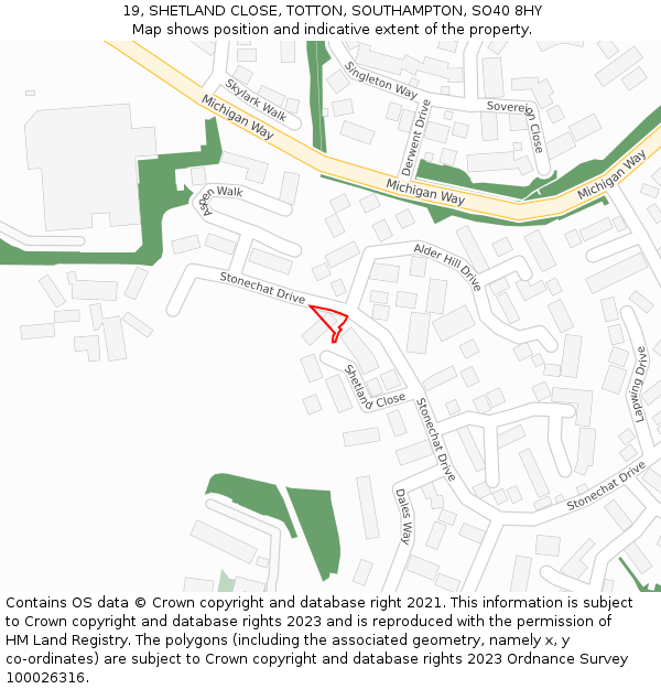 19, SHETLAND CLOSE, TOTTON, SOUTHAMPTON, SO40 8HY: Location map and indicative extent of plot