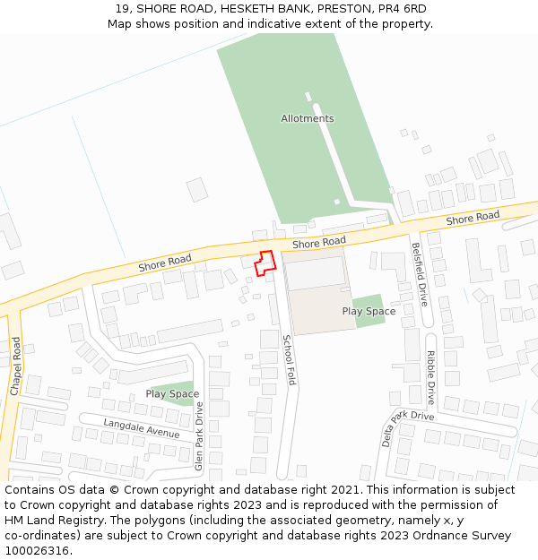 19, SHORE ROAD, HESKETH BANK, PRESTON, PR4 6RD: Location map and indicative extent of plot