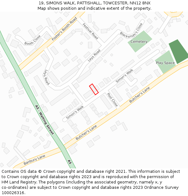 19, SIMONS WALK, PATTISHALL, TOWCESTER, NN12 8NX: Location map and indicative extent of plot