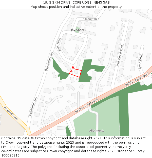 19, SISKIN DRIVE, CORBRIDGE, NE45 5AB: Location map and indicative extent of plot