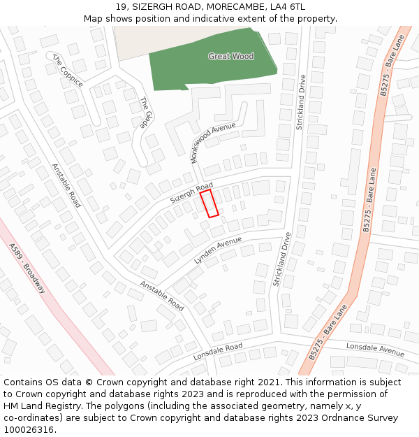 19, SIZERGH ROAD, MORECAMBE, LA4 6TL: Location map and indicative extent of plot