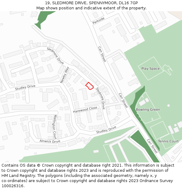 19, SLEDMORE DRIVE, SPENNYMOOR, DL16 7GP: Location map and indicative extent of plot