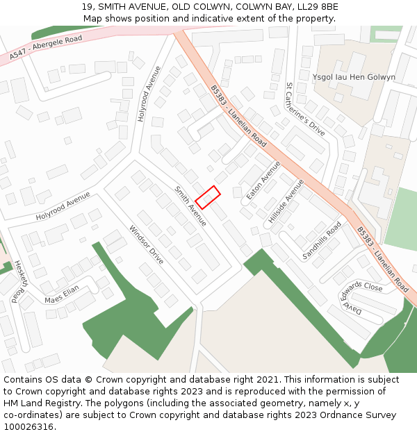 19, SMITH AVENUE, OLD COLWYN, COLWYN BAY, LL29 8BE: Location map and indicative extent of plot