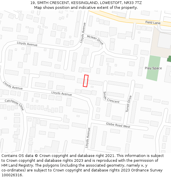 19, SMITH CRESCENT, KESSINGLAND, LOWESTOFT, NR33 7TZ: Location map and indicative extent of plot