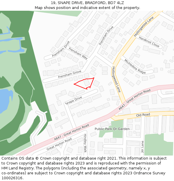 19, SNAPE DRIVE, BRADFORD, BD7 4LZ: Location map and indicative extent of plot