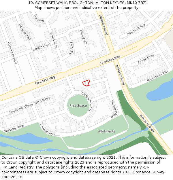 19, SOMERSET WALK, BROUGHTON, MILTON KEYNES, MK10 7BZ: Location map and indicative extent of plot