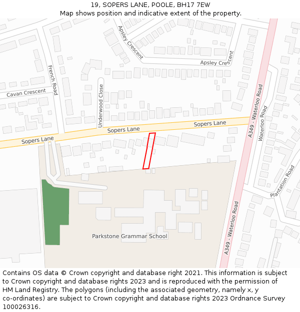 19, SOPERS LANE, POOLE, BH17 7EW: Location map and indicative extent of plot