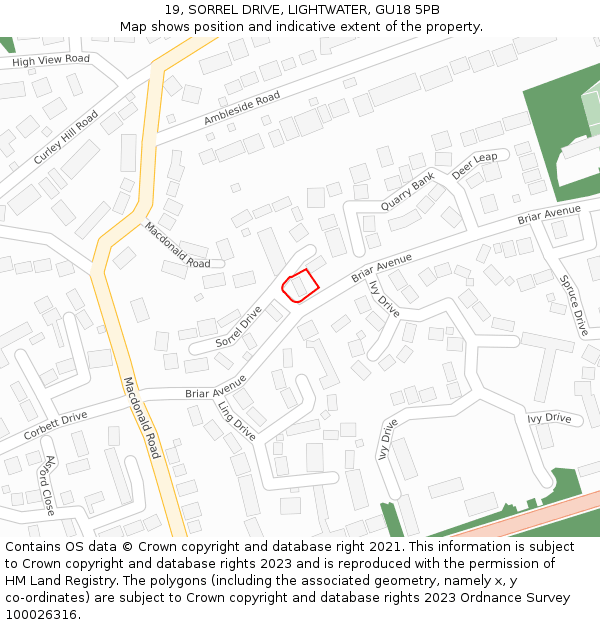 19, SORREL DRIVE, LIGHTWATER, GU18 5PB: Location map and indicative extent of plot