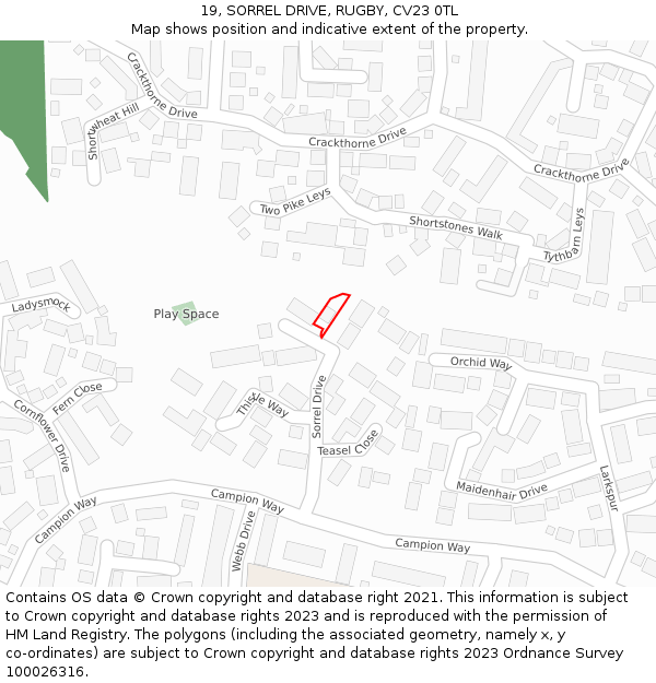 19, SORREL DRIVE, RUGBY, CV23 0TL: Location map and indicative extent of plot