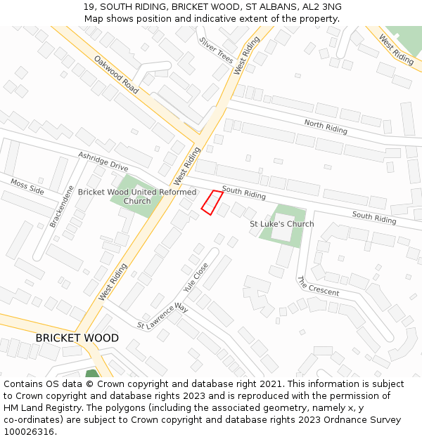 19, SOUTH RIDING, BRICKET WOOD, ST ALBANS, AL2 3NG: Location map and indicative extent of plot