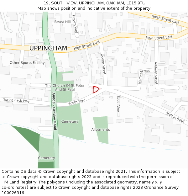 19, SOUTH VIEW, UPPINGHAM, OAKHAM, LE15 9TU: Location map and indicative extent of plot