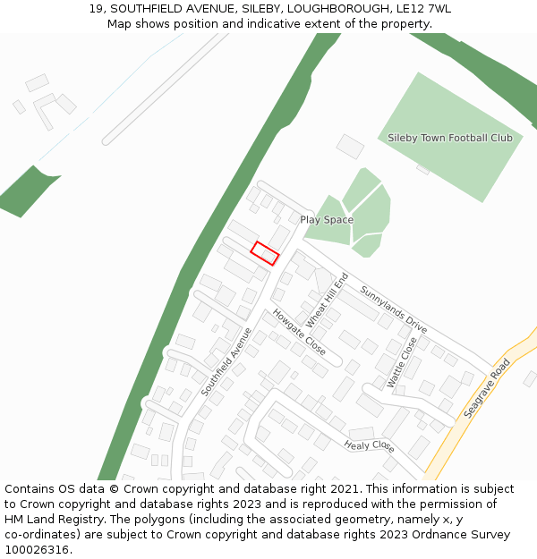 19, SOUTHFIELD AVENUE, SILEBY, LOUGHBOROUGH, LE12 7WL: Location map and indicative extent of plot