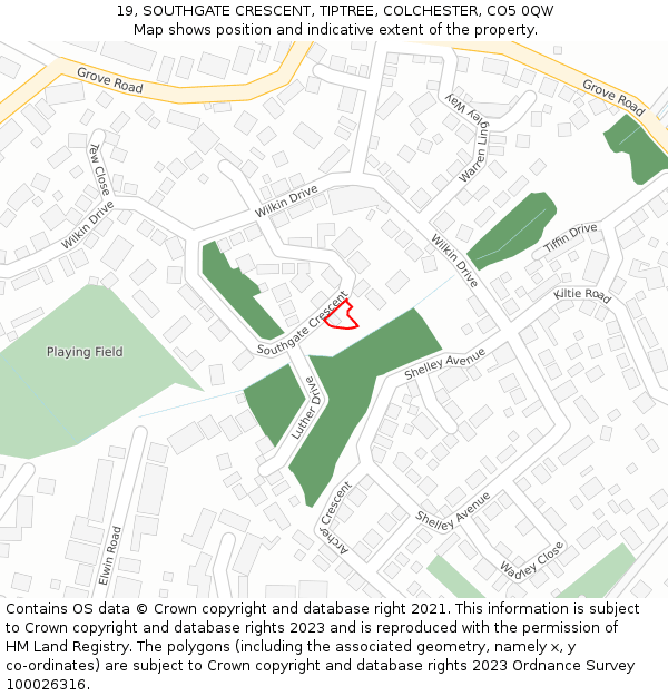 19, SOUTHGATE CRESCENT, TIPTREE, COLCHESTER, CO5 0QW: Location map and indicative extent of plot