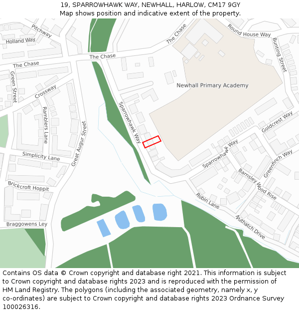 19, SPARROWHAWK WAY, NEWHALL, HARLOW, CM17 9GY: Location map and indicative extent of plot