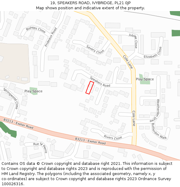 19, SPEAKERS ROAD, IVYBRIDGE, PL21 0JP: Location map and indicative extent of plot