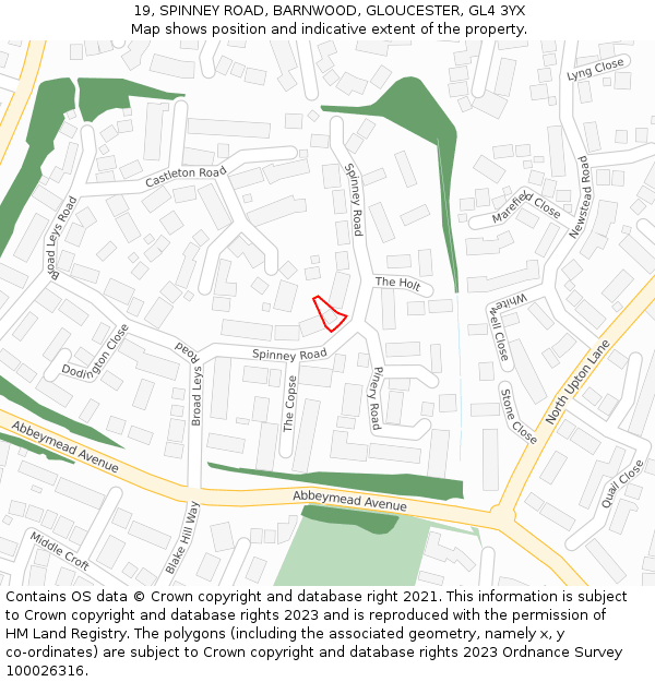 19, SPINNEY ROAD, BARNWOOD, GLOUCESTER, GL4 3YX: Location map and indicative extent of plot