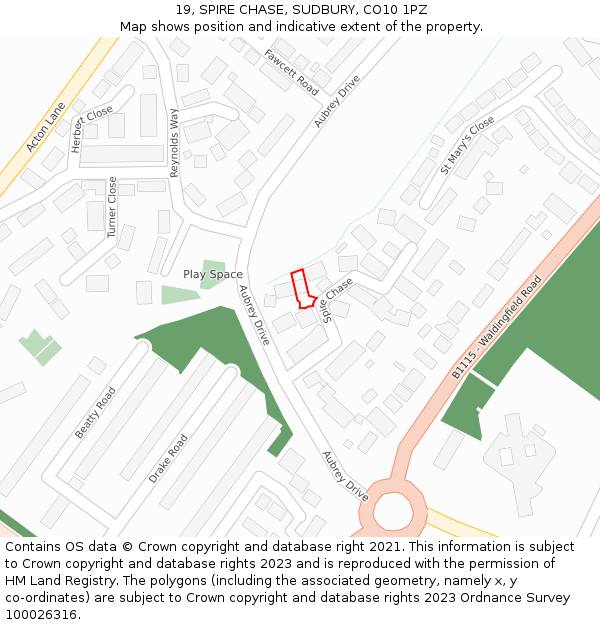 19, SPIRE CHASE, SUDBURY, CO10 1PZ: Location map and indicative extent of plot