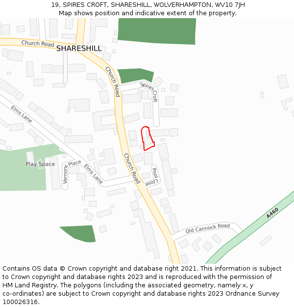 19, SPIRES CROFT, SHARESHILL, WOLVERHAMPTON, WV10 7JH: Location map and indicative extent of plot