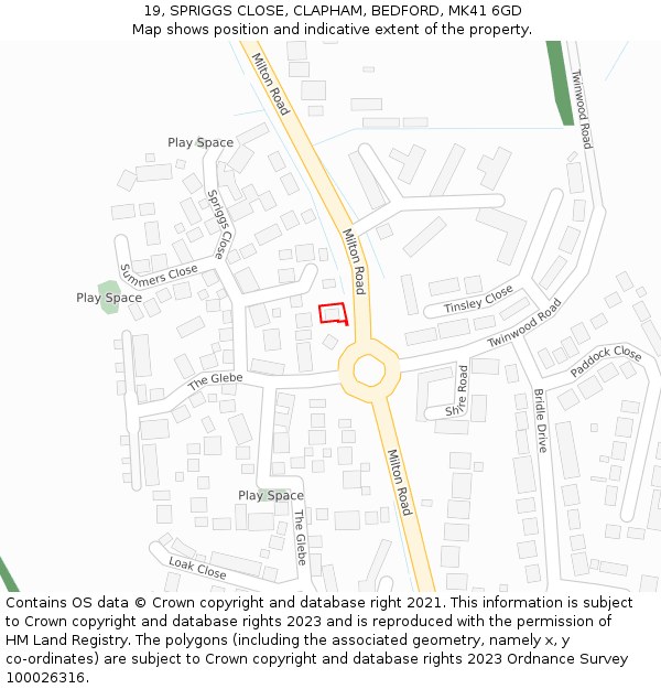 19, SPRIGGS CLOSE, CLAPHAM, BEDFORD, MK41 6GD: Location map and indicative extent of plot