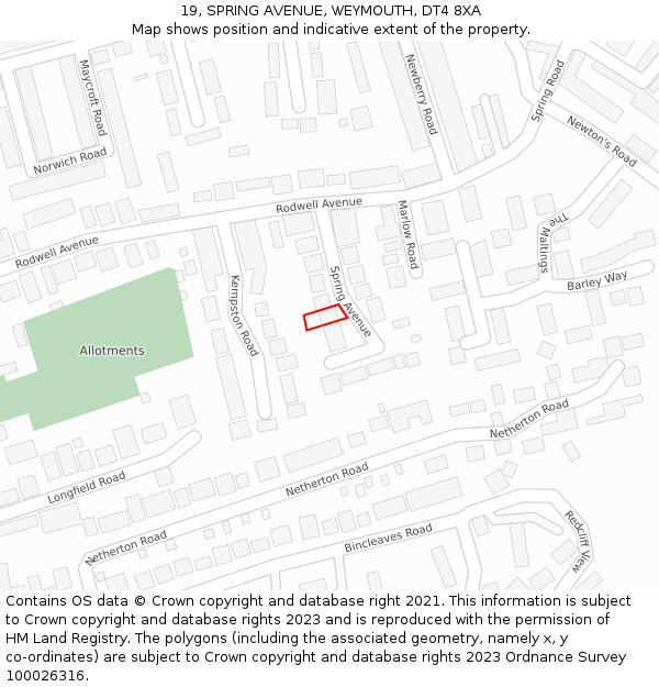 19, SPRING AVENUE, WEYMOUTH, DT4 8XA: Location map and indicative extent of plot