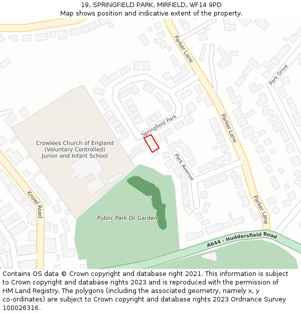 19, SPRINGFIELD PARK, MIRFIELD, WF14 9PD: Location map and indicative extent of plot