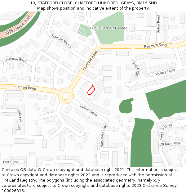 19, STAFFORD CLOSE, CHAFFORD HUNDRED, GRAYS, RM16 6ND: Location map and indicative extent of plot