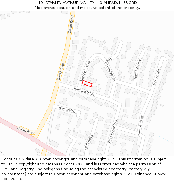 19, STANLEY AVENUE, VALLEY, HOLYHEAD, LL65 3BD: Location map and indicative extent of plot