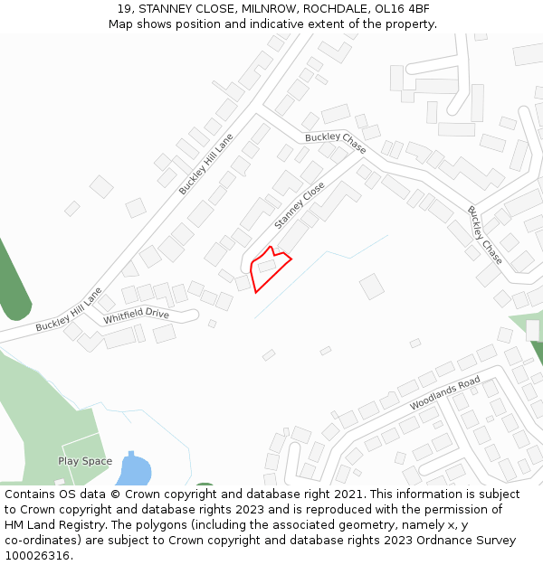 19, STANNEY CLOSE, MILNROW, ROCHDALE, OL16 4BF: Location map and indicative extent of plot