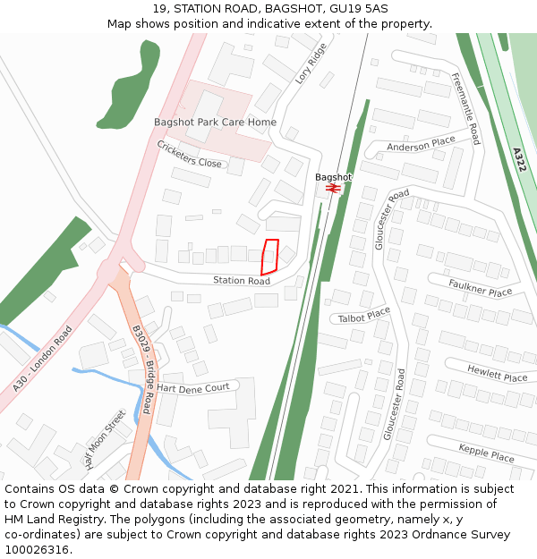 19, STATION ROAD, BAGSHOT, GU19 5AS: Location map and indicative extent of plot