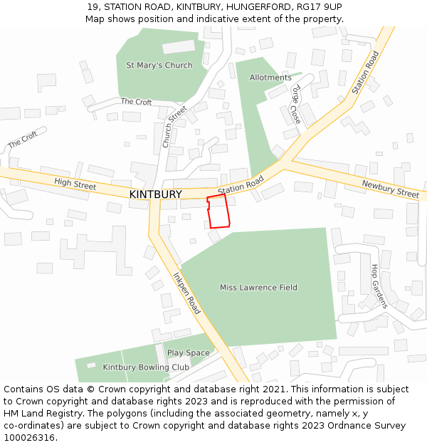 19, STATION ROAD, KINTBURY, HUNGERFORD, RG17 9UP: Location map and indicative extent of plot