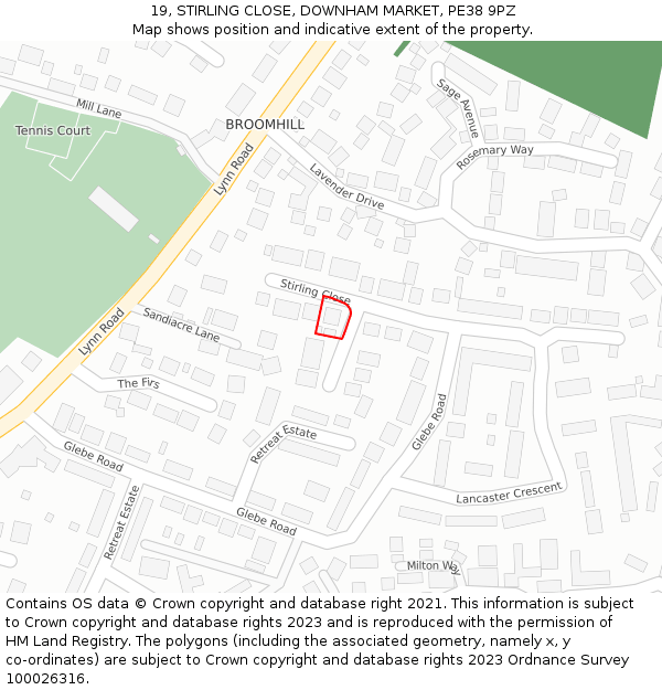 19, STIRLING CLOSE, DOWNHAM MARKET, PE38 9PZ: Location map and indicative extent of plot