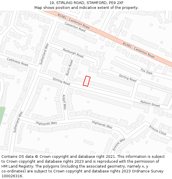 19, STIRLING ROAD, STAMFORD, PE9 2XF: Location map and indicative extent of plot