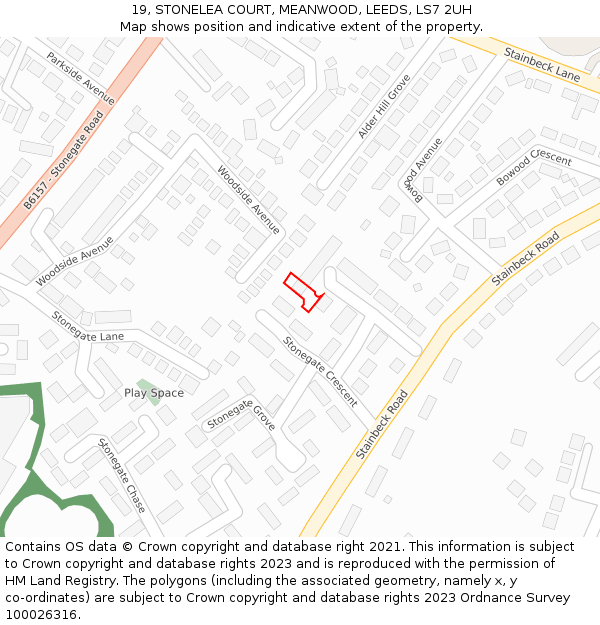 19, STONELEA COURT, MEANWOOD, LEEDS, LS7 2UH: Location map and indicative extent of plot