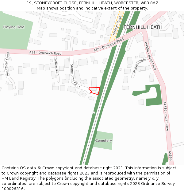 19, STONEYCROFT CLOSE, FERNHILL HEATH, WORCESTER, WR3 8AZ: Location map and indicative extent of plot