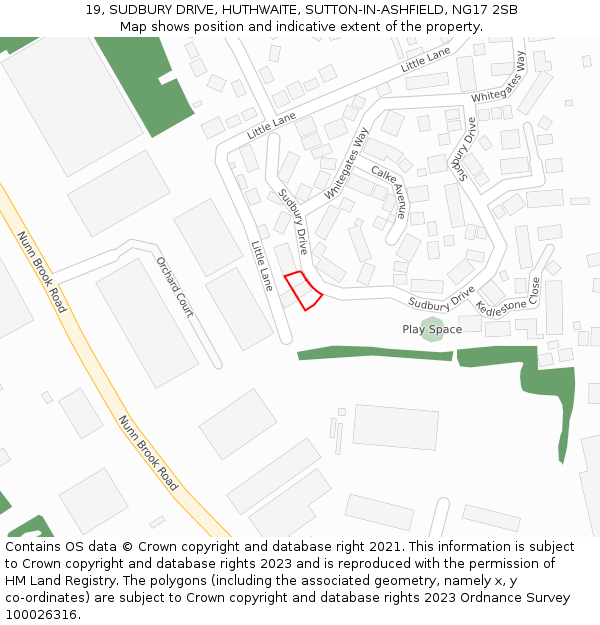 19, SUDBURY DRIVE, HUTHWAITE, SUTTON-IN-ASHFIELD, NG17 2SB: Location map and indicative extent of plot