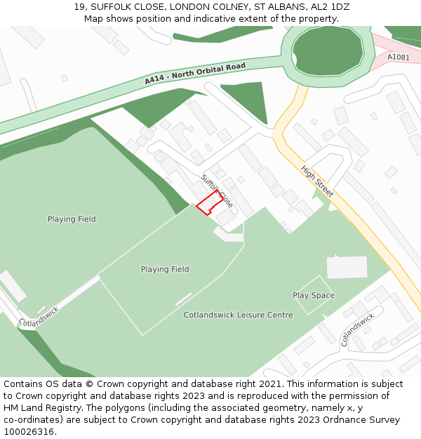 19, SUFFOLK CLOSE, LONDON COLNEY, ST ALBANS, AL2 1DZ: Location map and indicative extent of plot