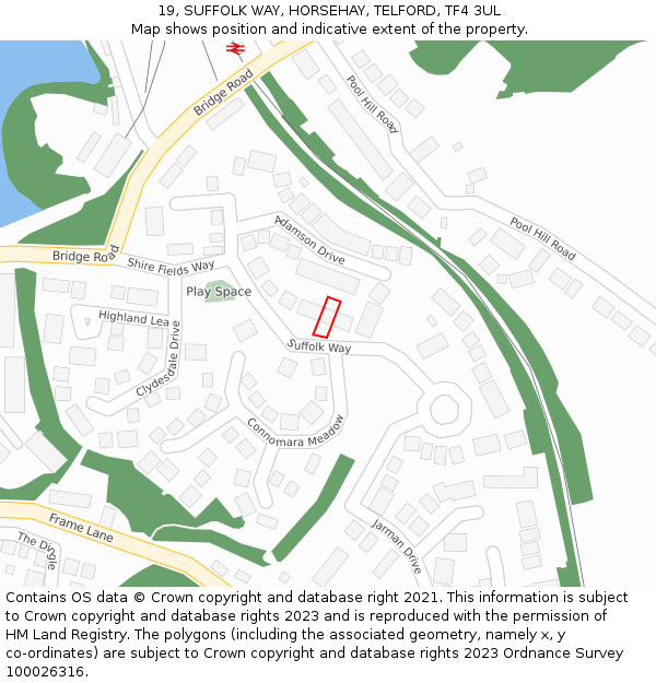 19, SUFFOLK WAY, HORSEHAY, TELFORD, TF4 3UL: Location map and indicative extent of plot