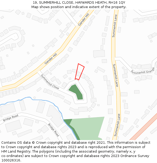 19, SUMMERHILL CLOSE, HAYWARDS HEATH, RH16 1QY: Location map and indicative extent of plot