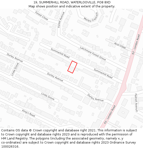 19, SUMMERHILL ROAD, WATERLOOVILLE, PO8 8XD: Location map and indicative extent of plot