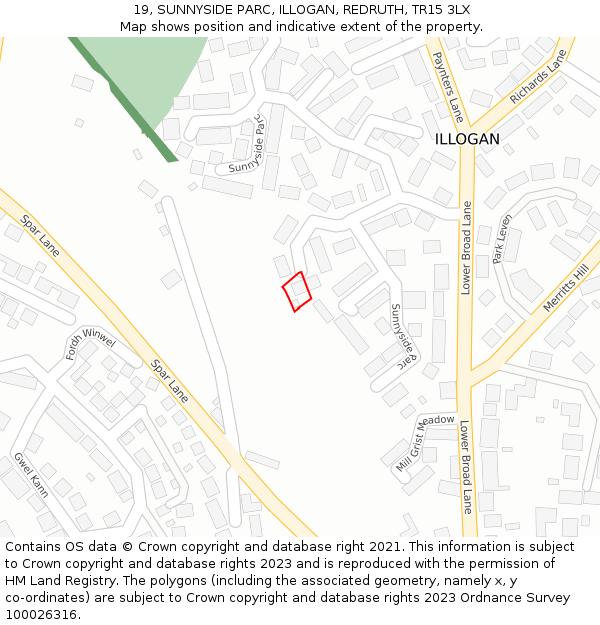 19, SUNNYSIDE PARC, ILLOGAN, REDRUTH, TR15 3LX: Location map and indicative extent of plot