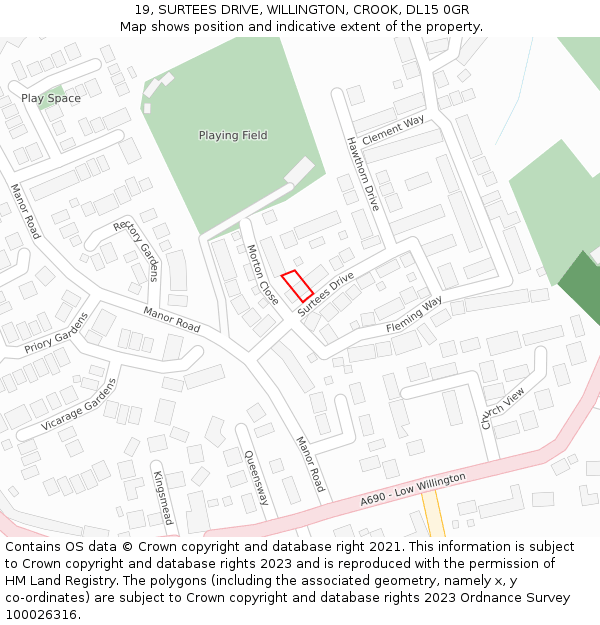 19, SURTEES DRIVE, WILLINGTON, CROOK, DL15 0GR: Location map and indicative extent of plot