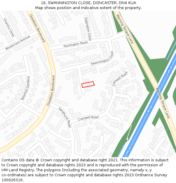 19, SWANNINGTON CLOSE, DONCASTER, DN4 6UA: Location map and indicative extent of plot