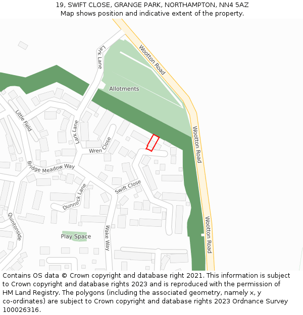 19, SWIFT CLOSE, GRANGE PARK, NORTHAMPTON, NN4 5AZ: Location map and indicative extent of plot
