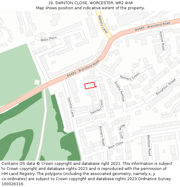19, SWINTON CLOSE, WORCESTER, WR2 4HA: Location map and indicative extent of plot