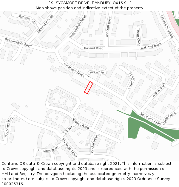 19, SYCAMORE DRIVE, BANBURY, OX16 9HF: Location map and indicative extent of plot