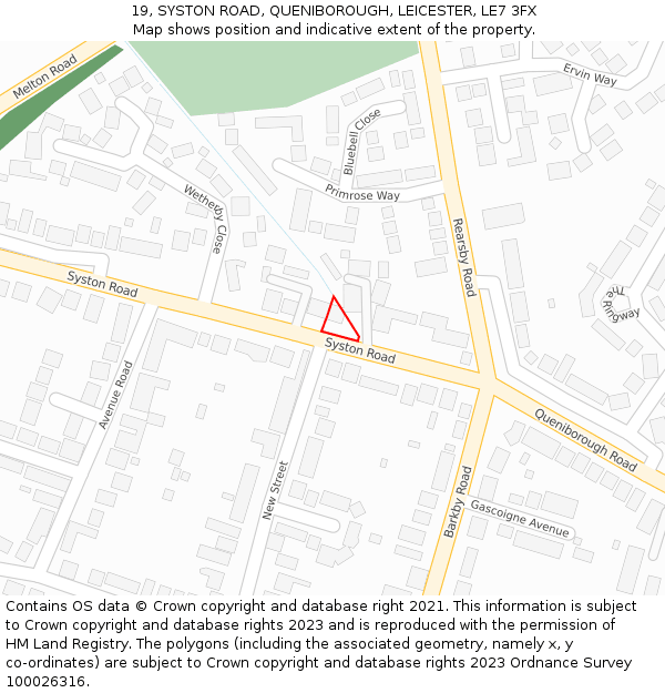 19, SYSTON ROAD, QUENIBOROUGH, LEICESTER, LE7 3FX: Location map and indicative extent of plot